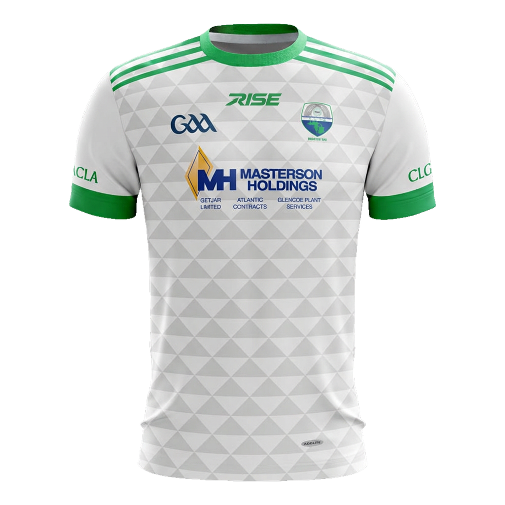 White and green Achill GAA jersey with original crest and RISE manufacturer logo